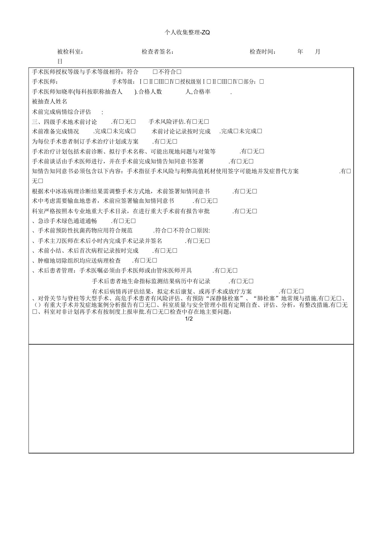 手术治疗管理与持续改进督查表