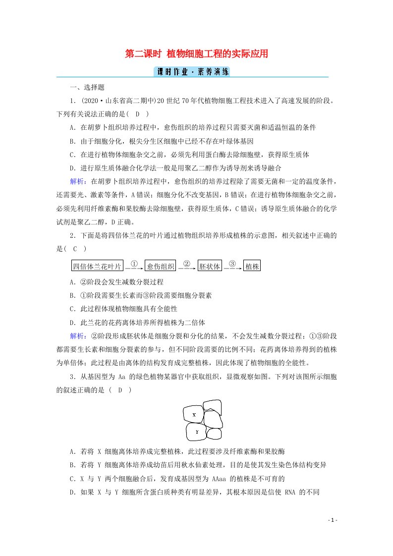 2020_2021学年高中生物专题二细胞工程第一节第二课时植物细胞工程的实际应用作业含解析新人教版选修3