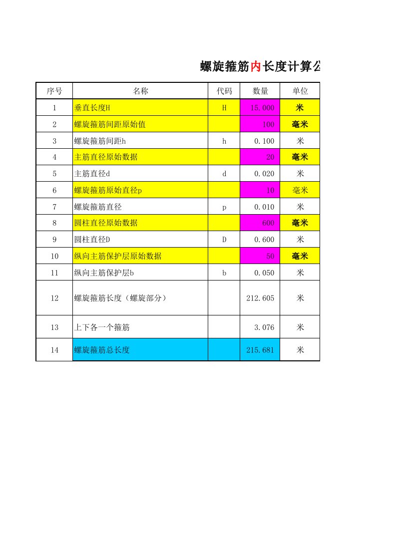 螺旋箍筋长度计算公式excel