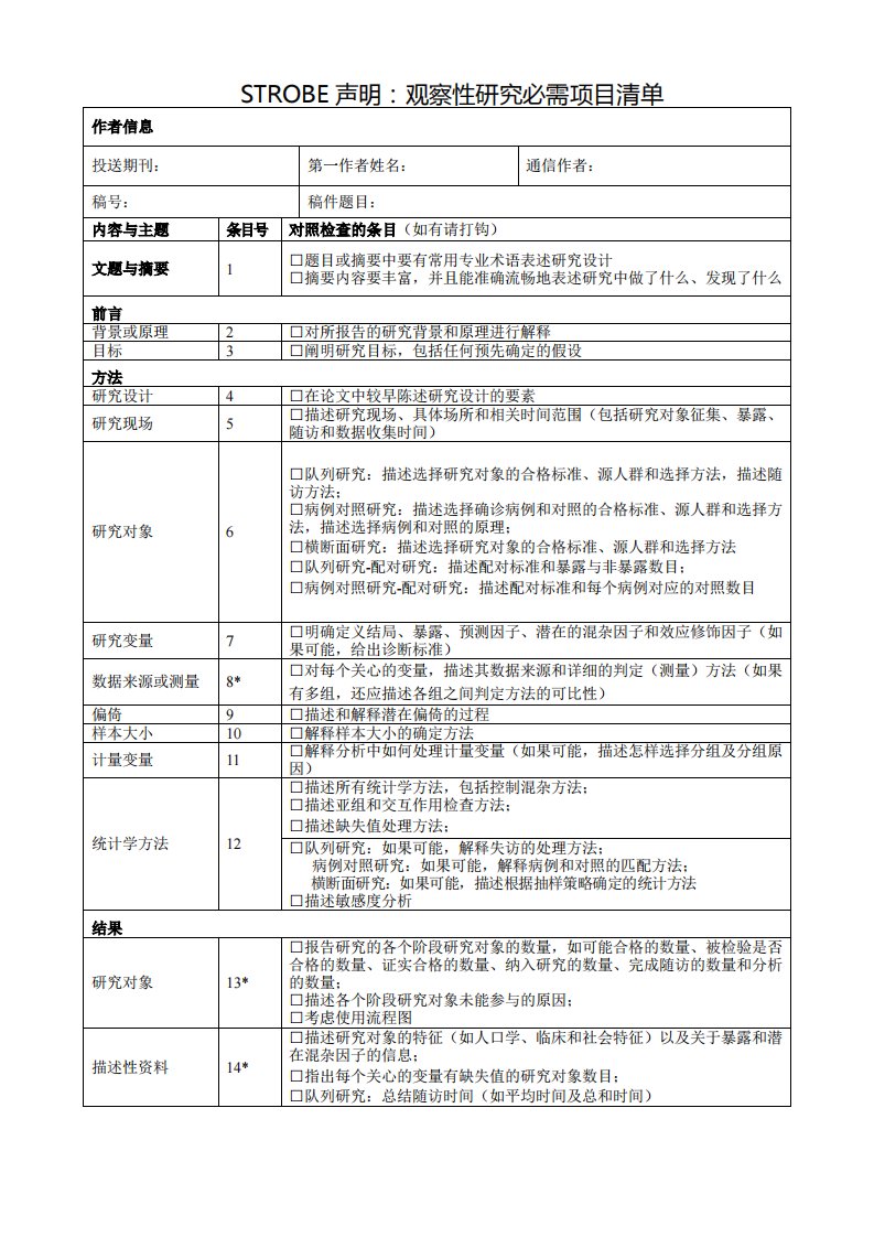 STROBE声明：观察性研究必需项目清单