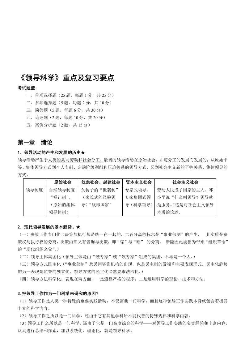 自考《领导科学》重点及复习要点