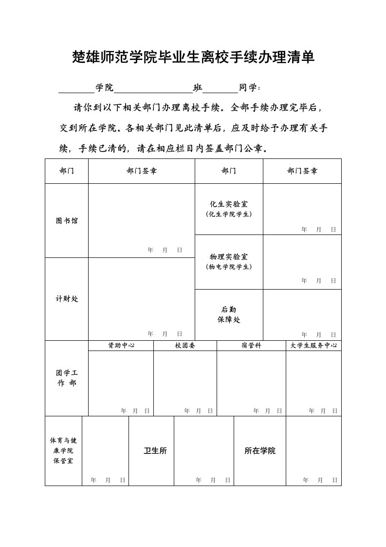 楚雄师范学院毕业生离校手续办理清单