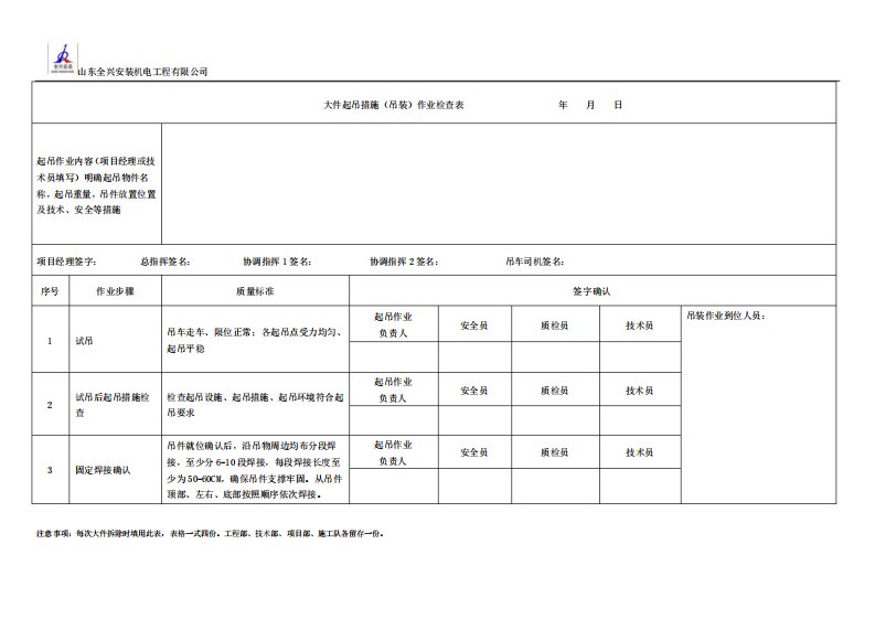 大件吊装作业检查表