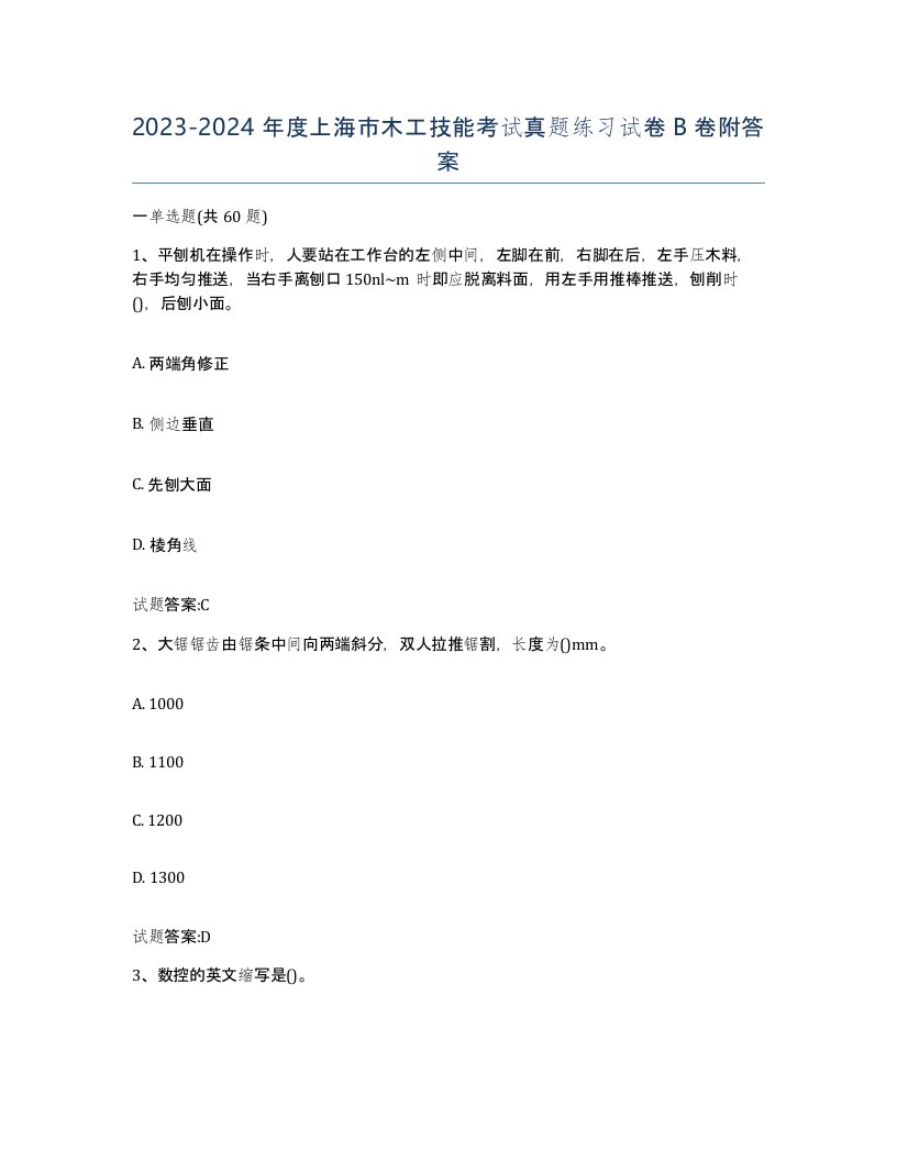 20232024年度上海市木工技能考试真题练习试卷B卷附答案