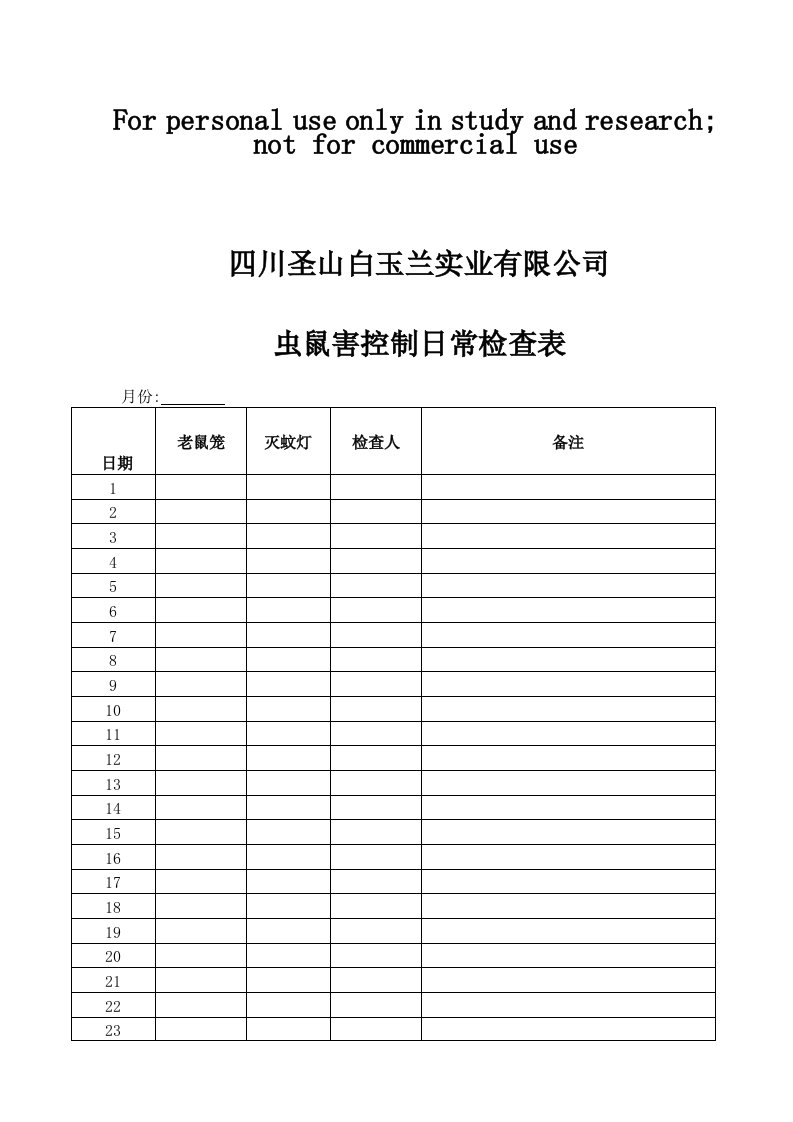 虫鼠害控制日常检查表