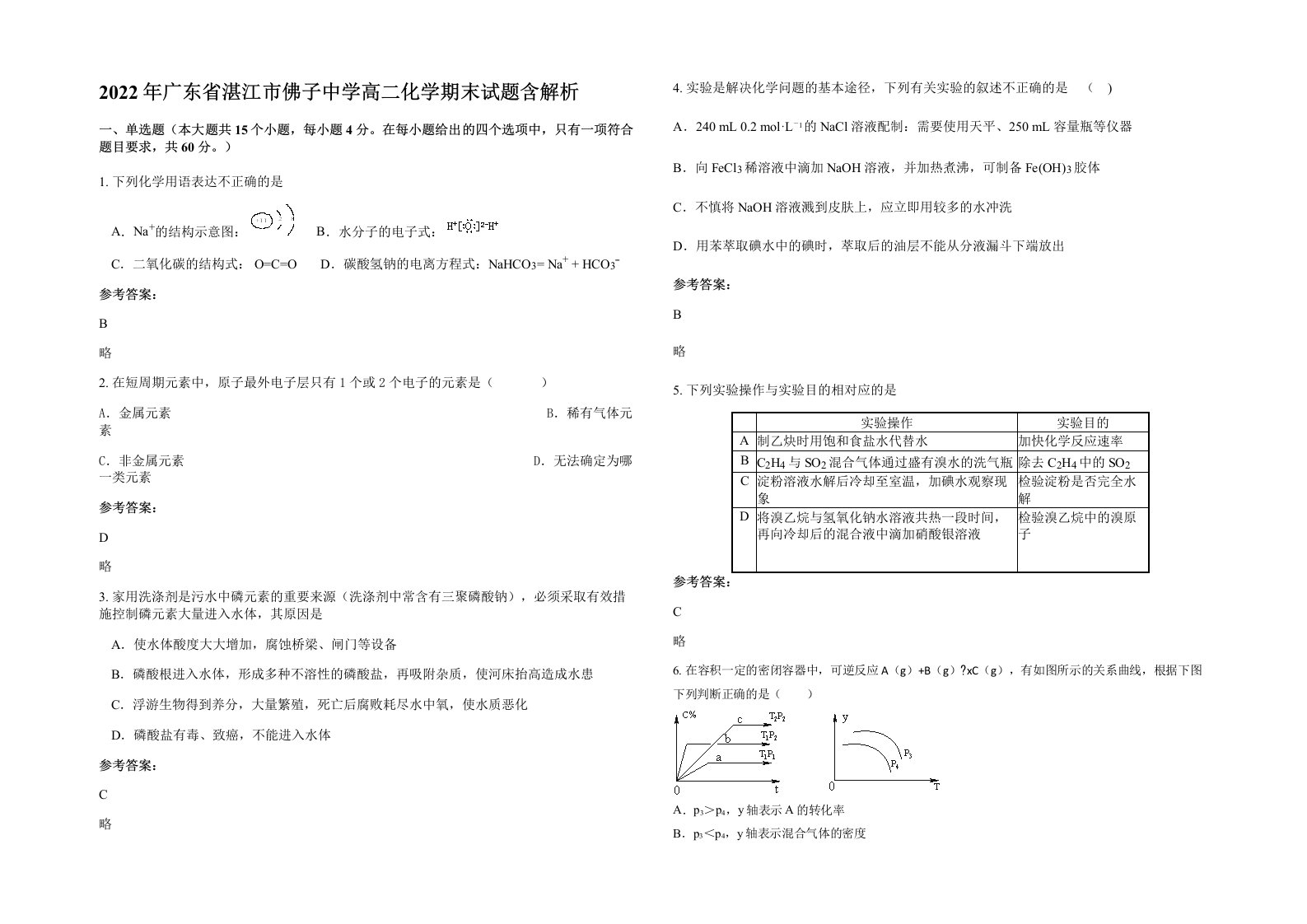 2022年广东省湛江市佛子中学高二化学期末试题含解析