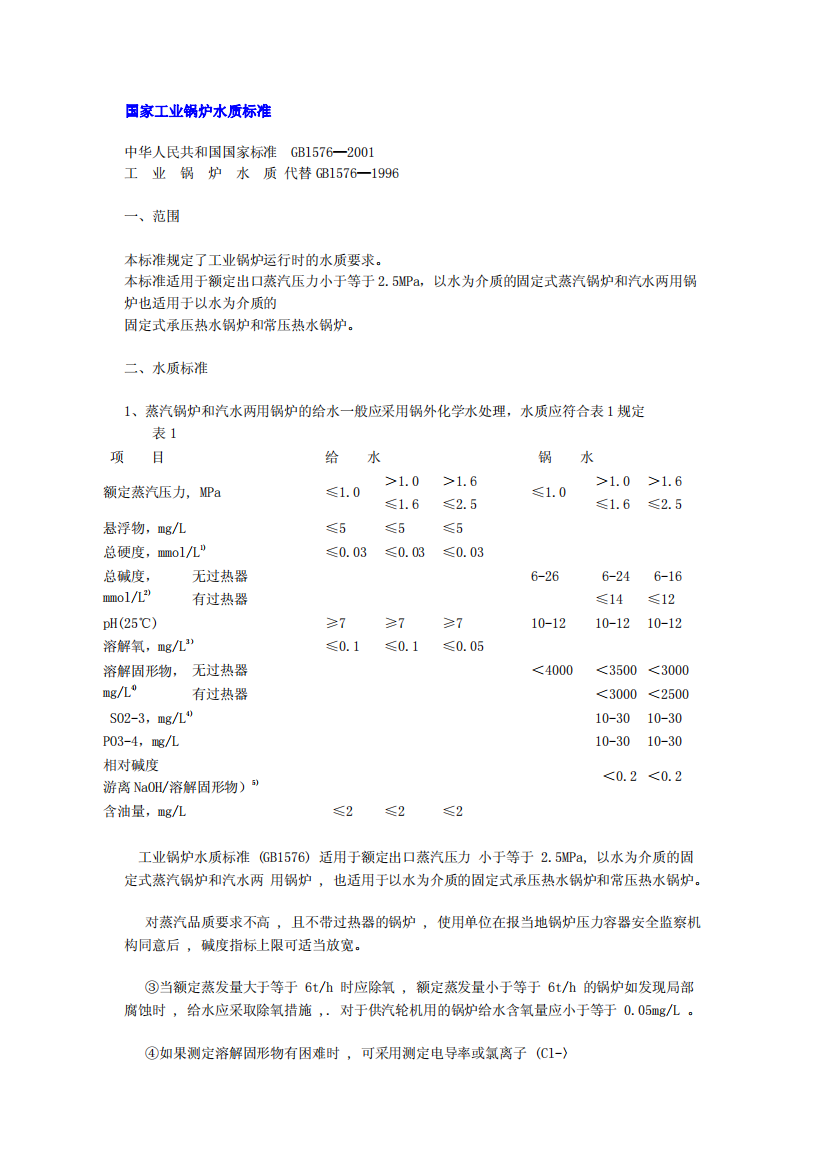 国家工业锅炉水质标准中华人民共和国国家标准GBl576—20