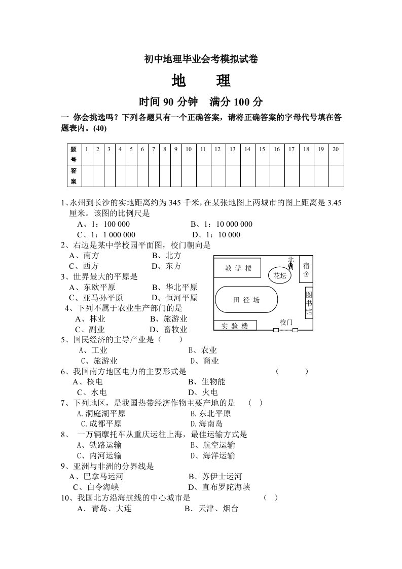 初中地理毕业会考模拟试卷