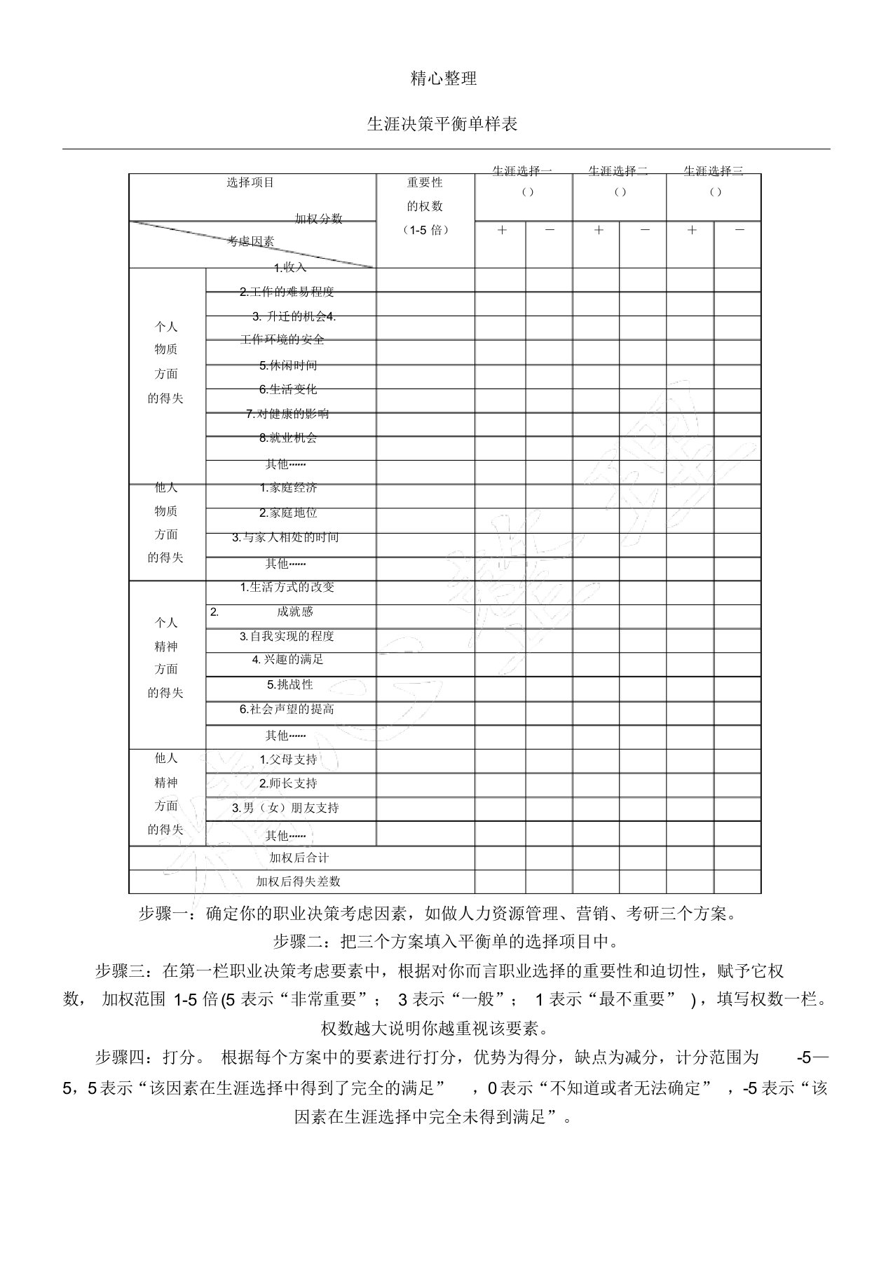 生涯决策平衡单样表格模板