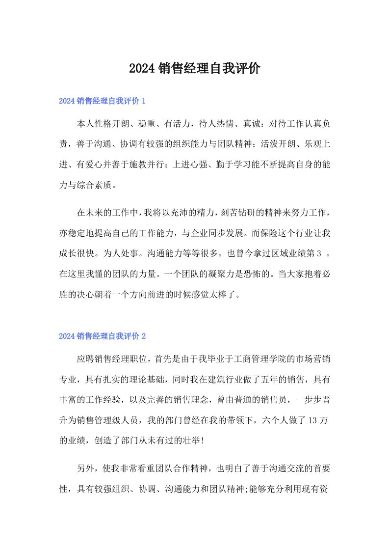 （可编辑）2024销售经理自我评价