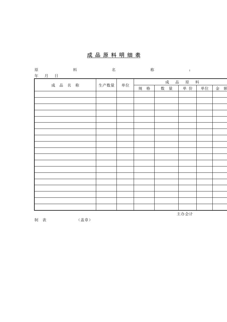 企业物品成品原料明细表