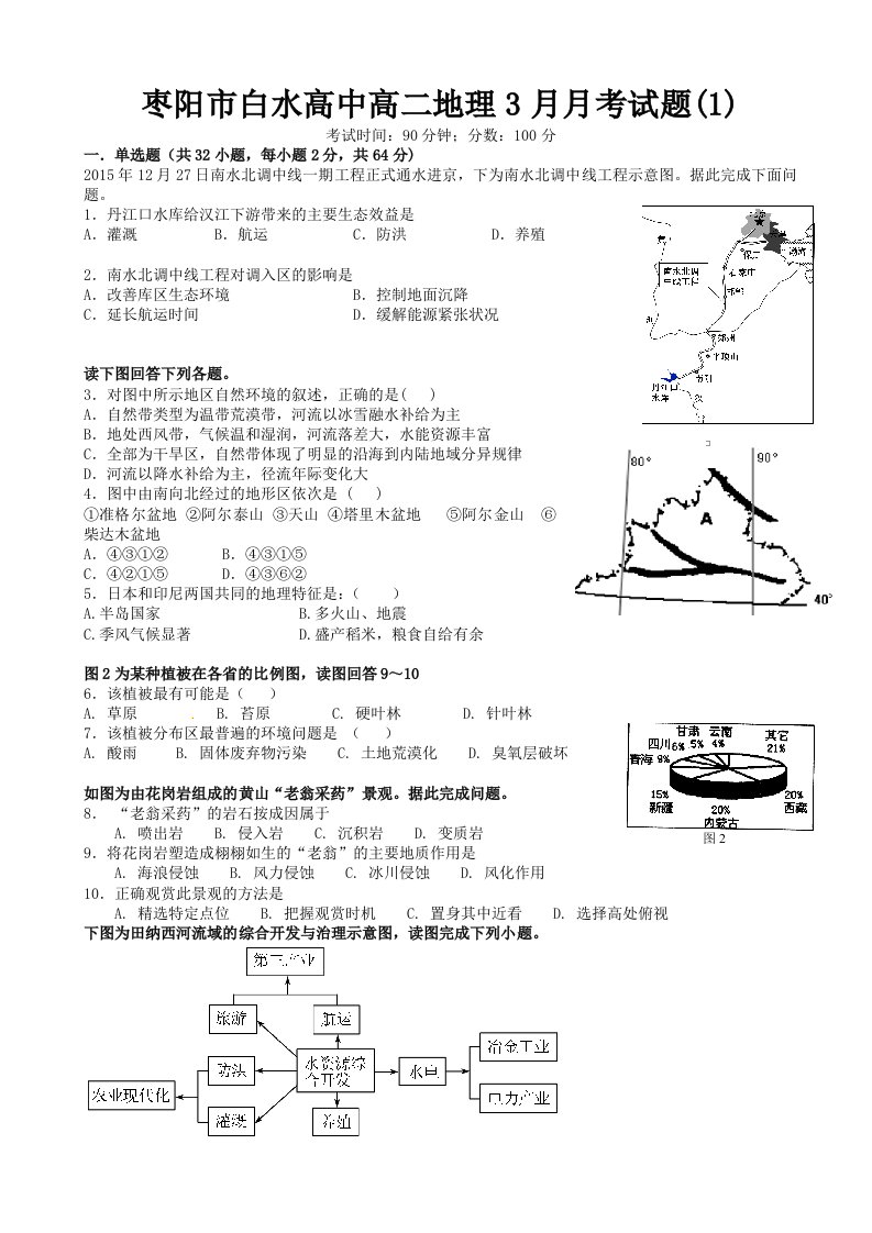 湖北省枣阳市白水高中高二地理3月月考试题(1)含答案解析