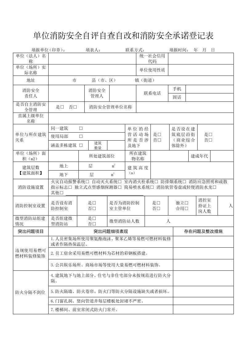 单位消防安全自评自查自改和消防安全承诺登记表