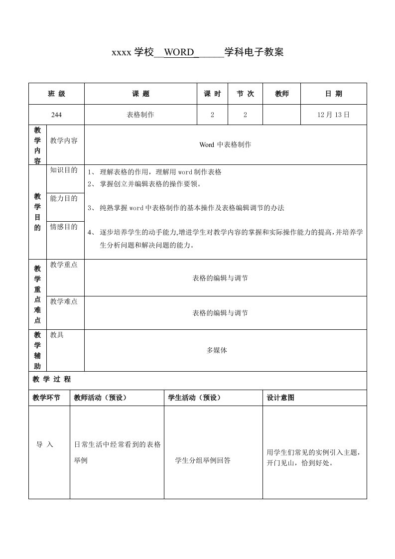 表格制作电子教案