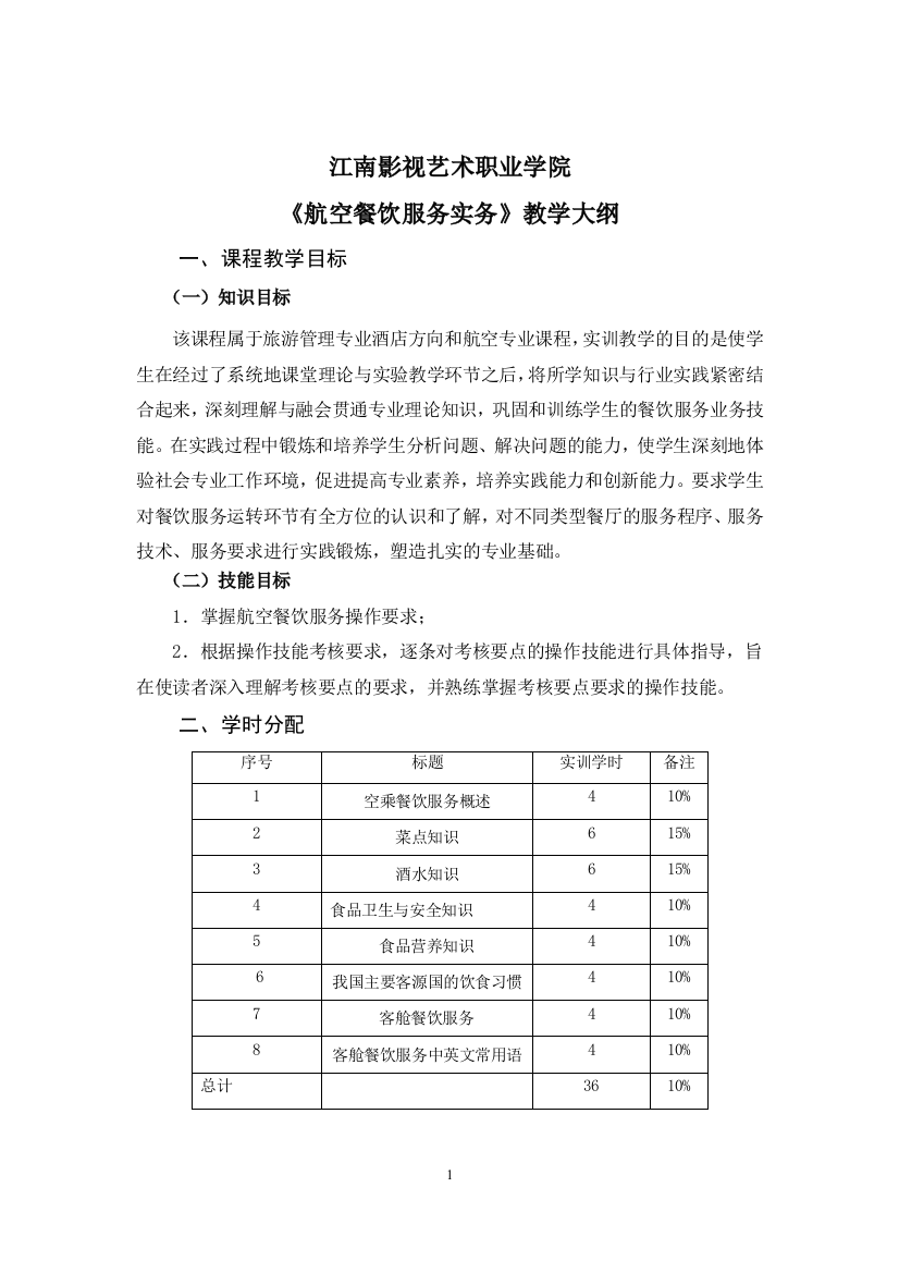 (完整word版)《航空餐饮服务实务》实训大纲