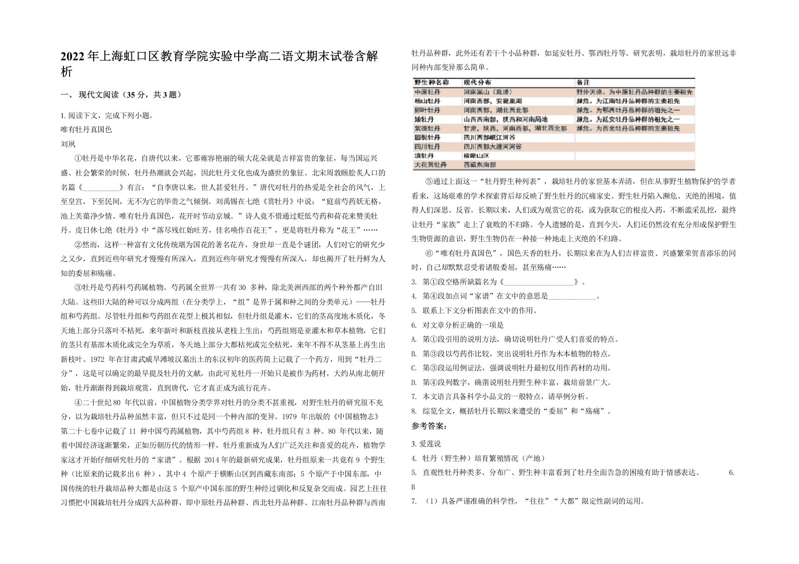 2022年上海虹口区教育学院实验中学高二语文期末试卷含解析