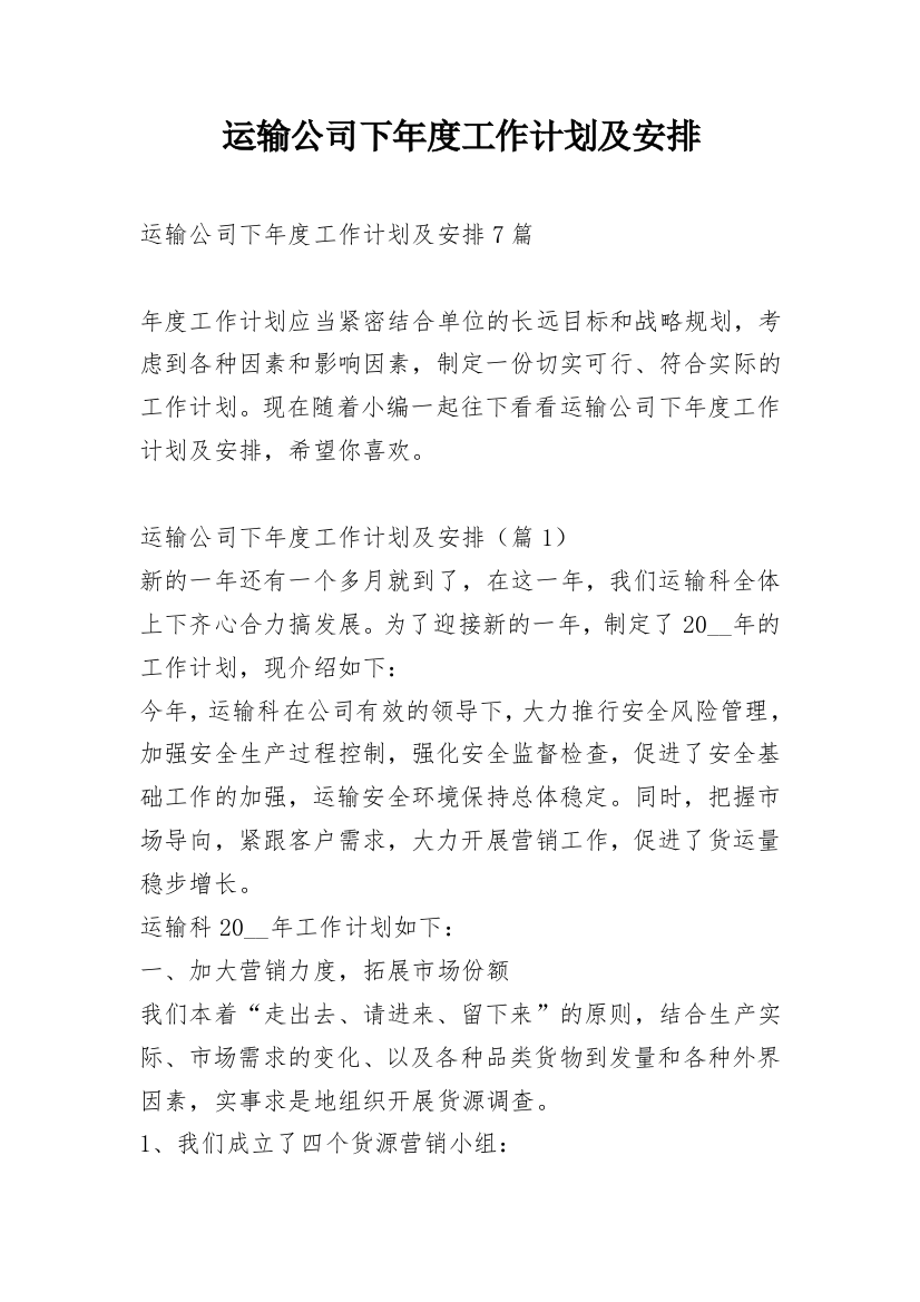 运输公司下年度工作计划及安排