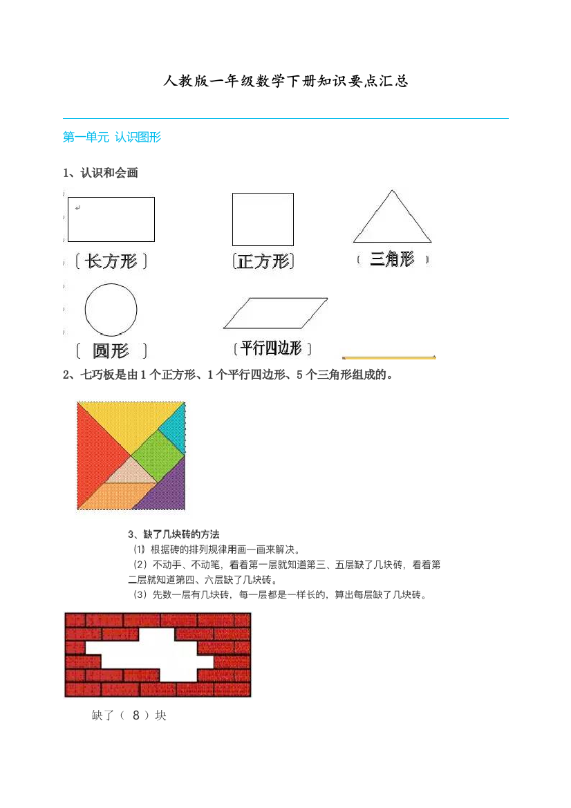 部编人教版一年级数学下册知识要点汇总