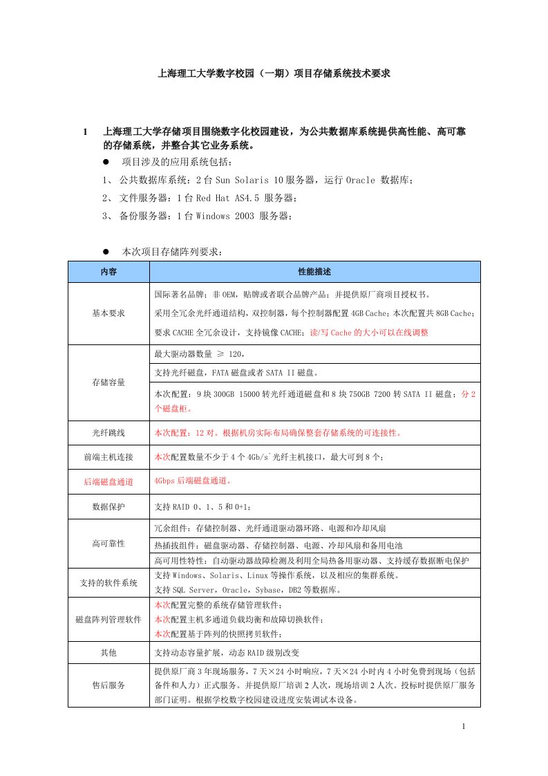 上海理工大学数字校园(一期)项目存储系统技术要求