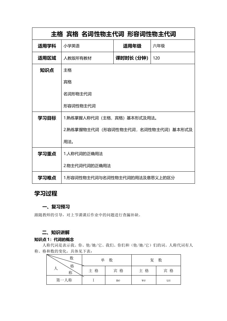 学案(主格宾格名词性物主代词形容词性物主代词)