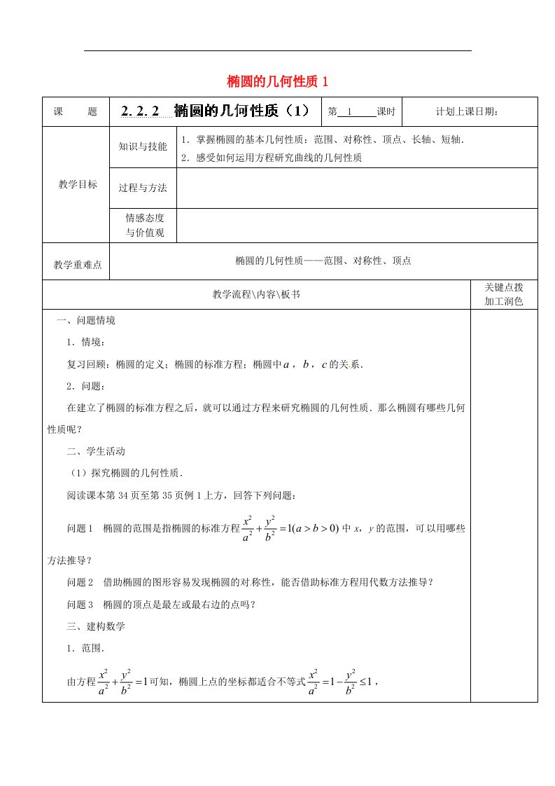 苏教版选修2-1高中数学2.2.2《椭圆的几何性质》1