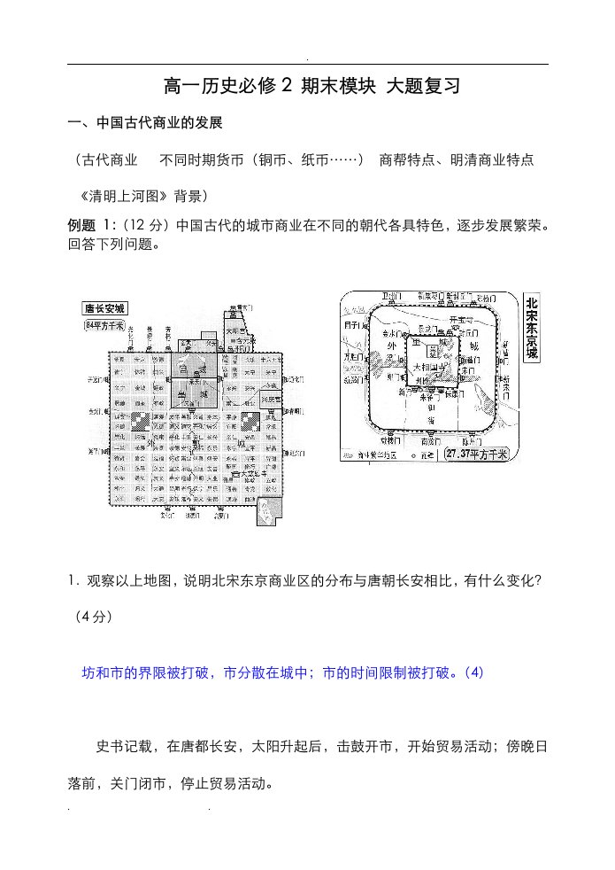 高中一年级历史必修2期末模块大题复习试题