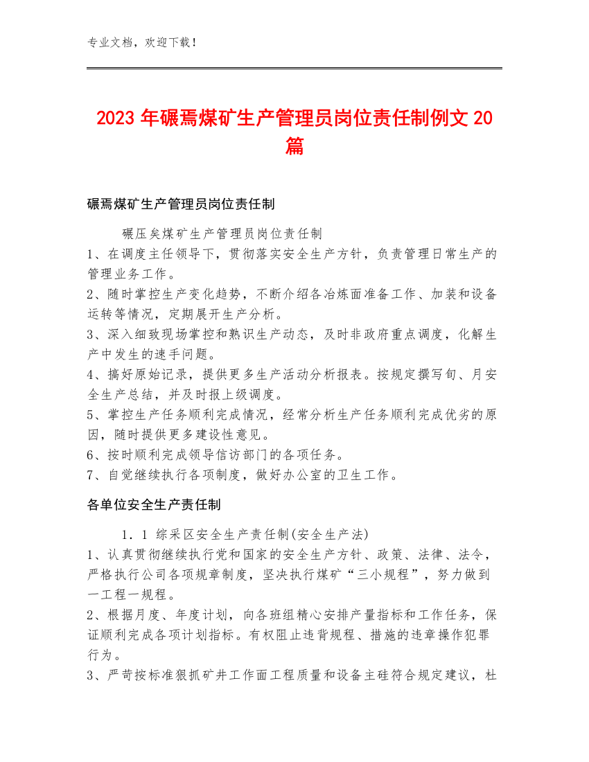 2023年碾焉煤矿生产管理员岗位责任制例文20篇