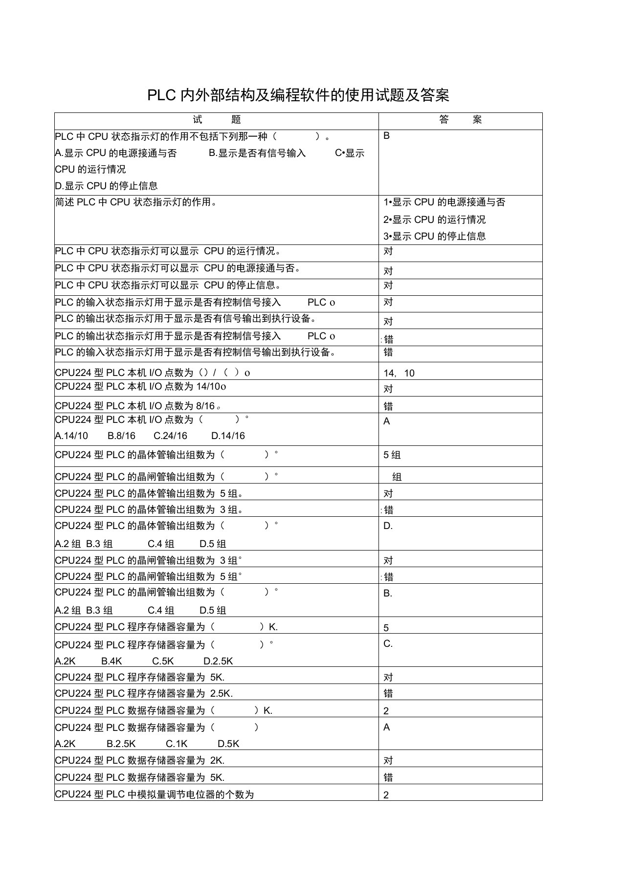 PLC内外部结构及编程软件的使用试题及答案