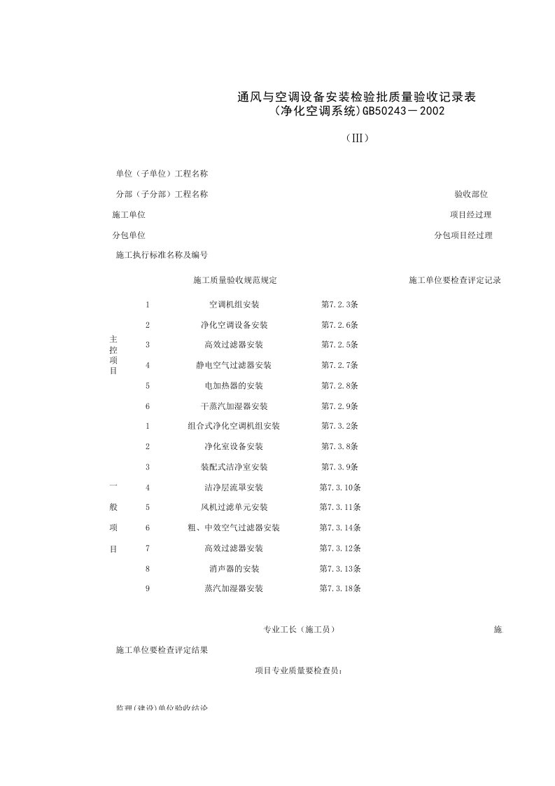 080504_通风与空调设备安装检验批质量验收记录表