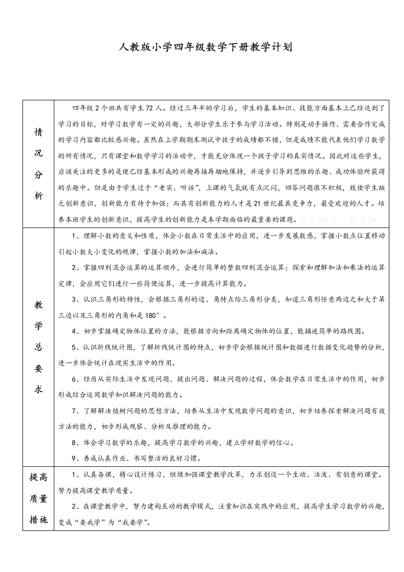 人教版小学四年级数学下册教学计划-