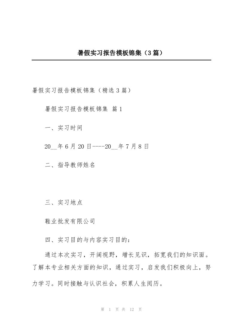 暑假实习报告模板锦集（3篇）