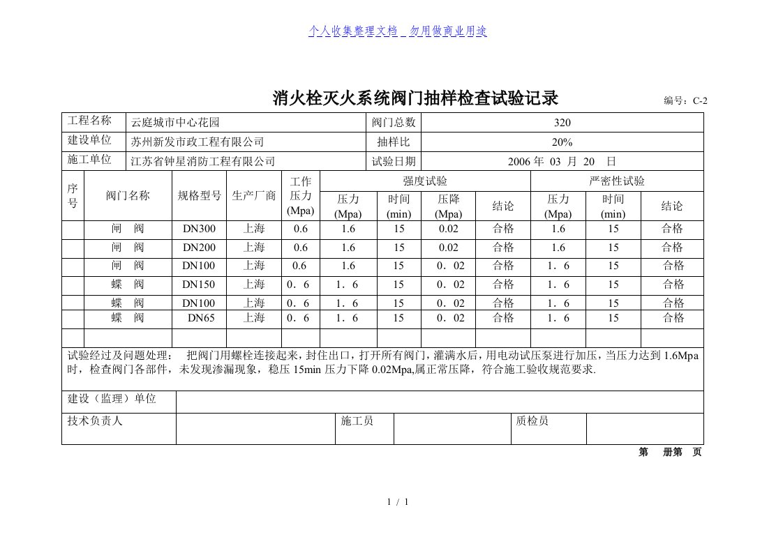 消火栓灭火系统阀门抽样检查试验记录