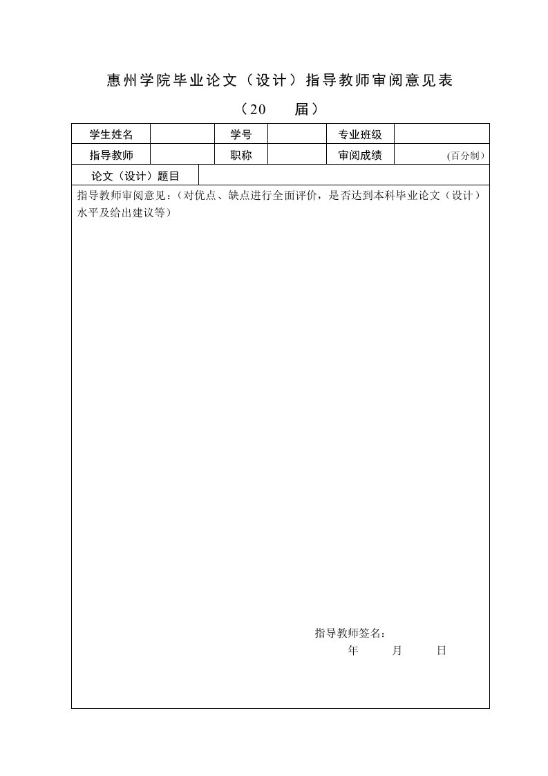 惠州学院毕业论文设计指导教师审阅意见表