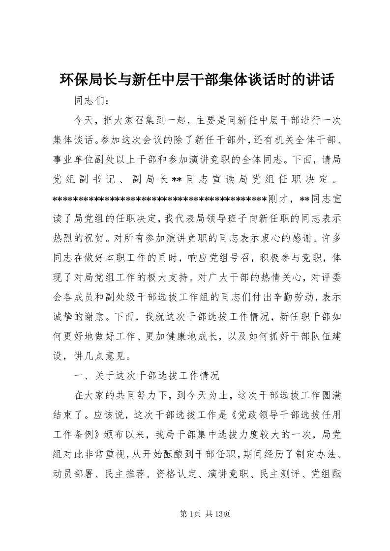 3环保局长与新任中层干部集体谈话时的致辞