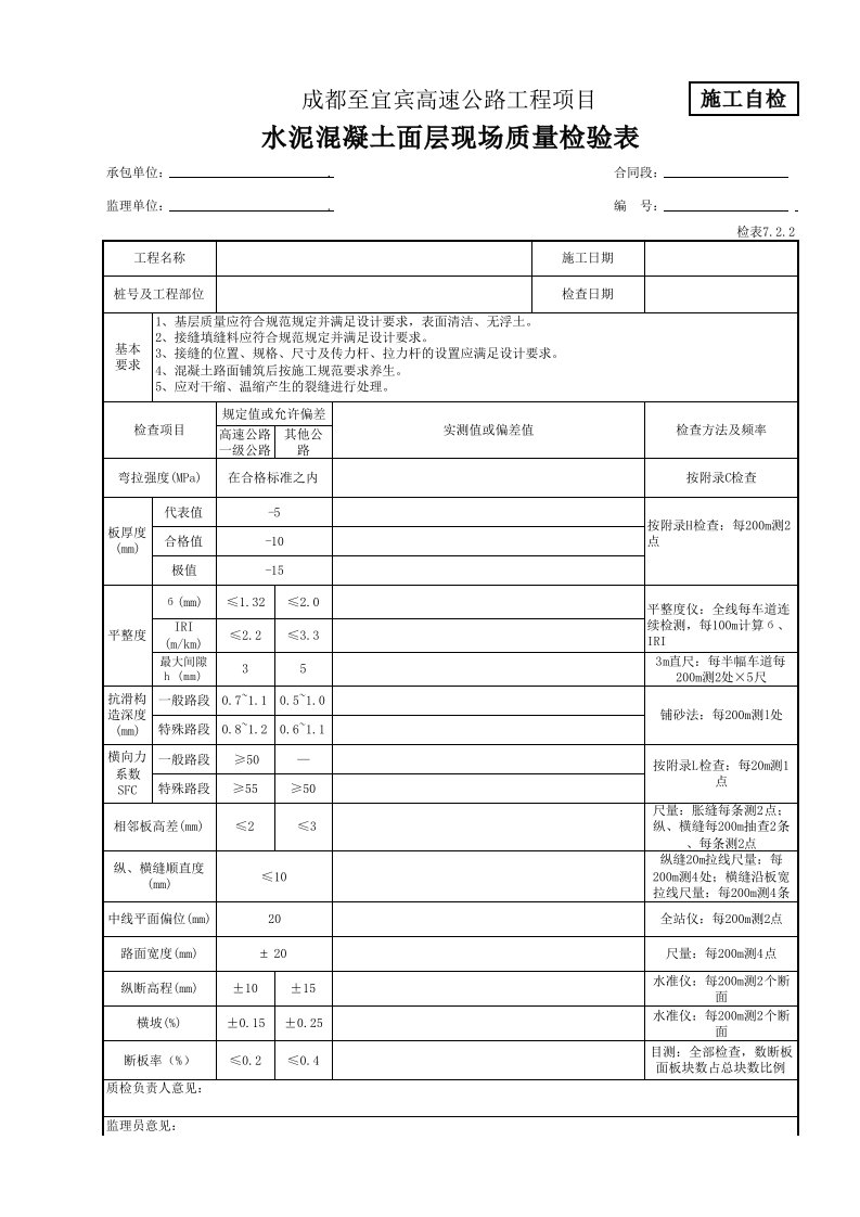 7.2.2水泥混凝土面层现场质量检验表