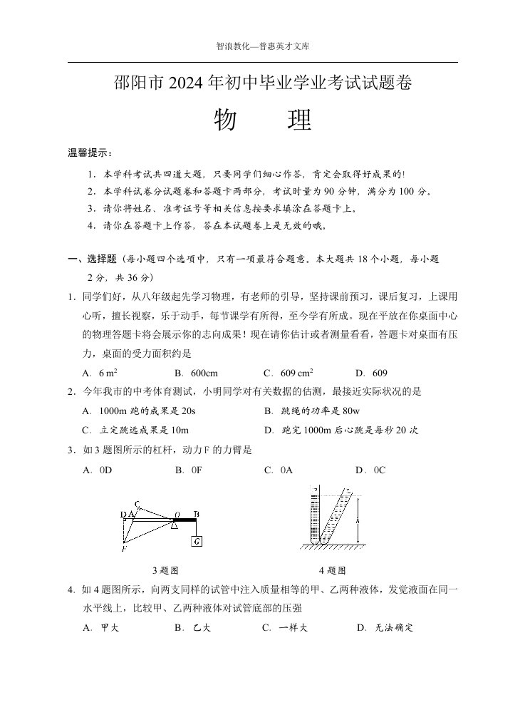 湖南省邵阳市2024年中考物理真题-含答案