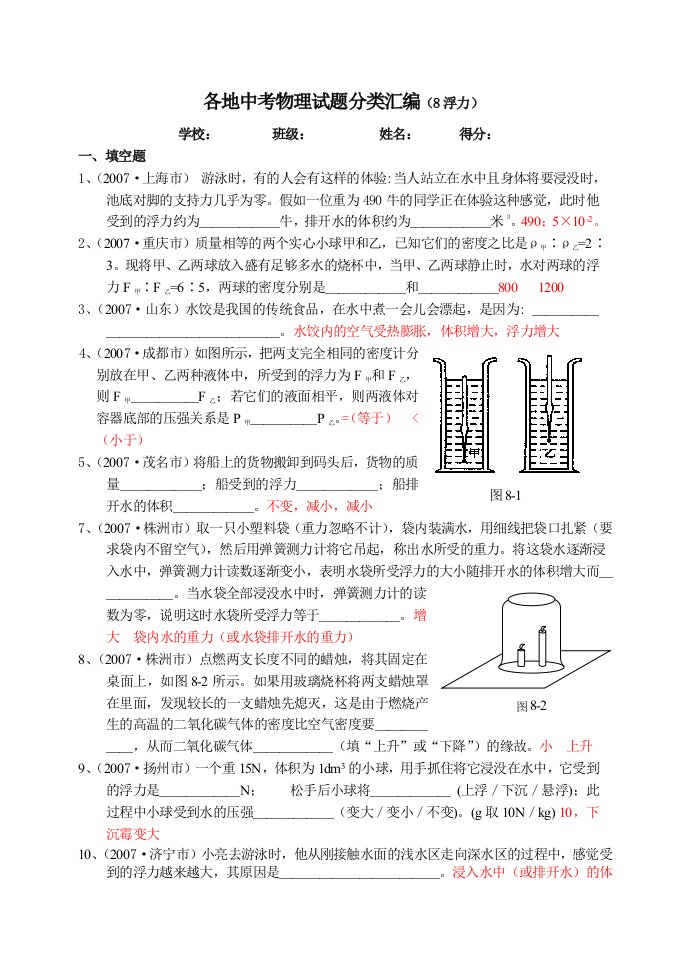 各地中考物理试题分类汇编(浮力)