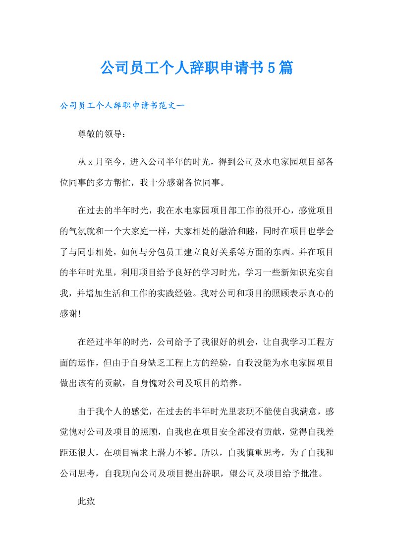 公司员工个人辞职申请书5篇