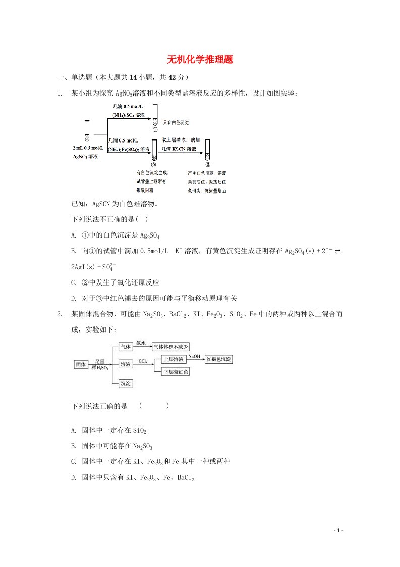 2022届高三化学一轮复习无机化学推断题专题练4无机化学推理题含解析