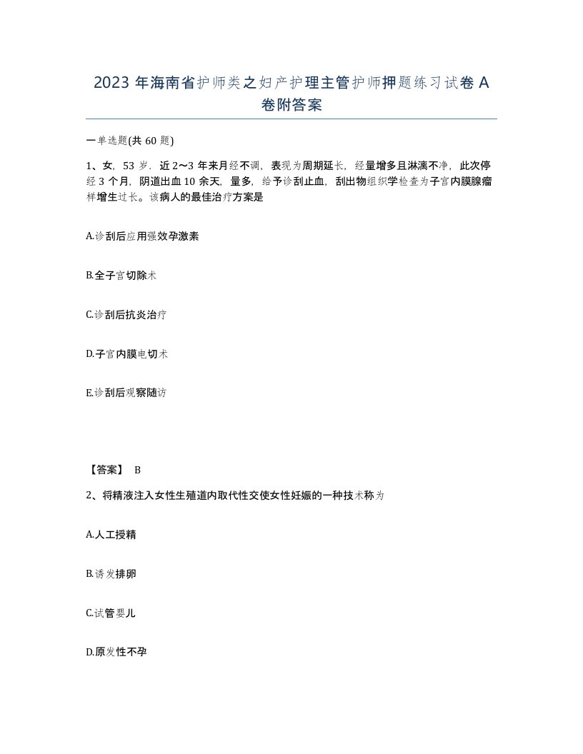 2023年海南省护师类之妇产护理主管护师押题练习试卷A卷附答案