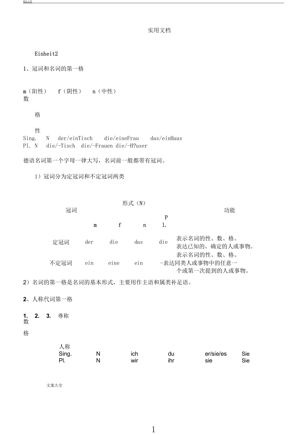 新编大学德语1语法总结计划材料