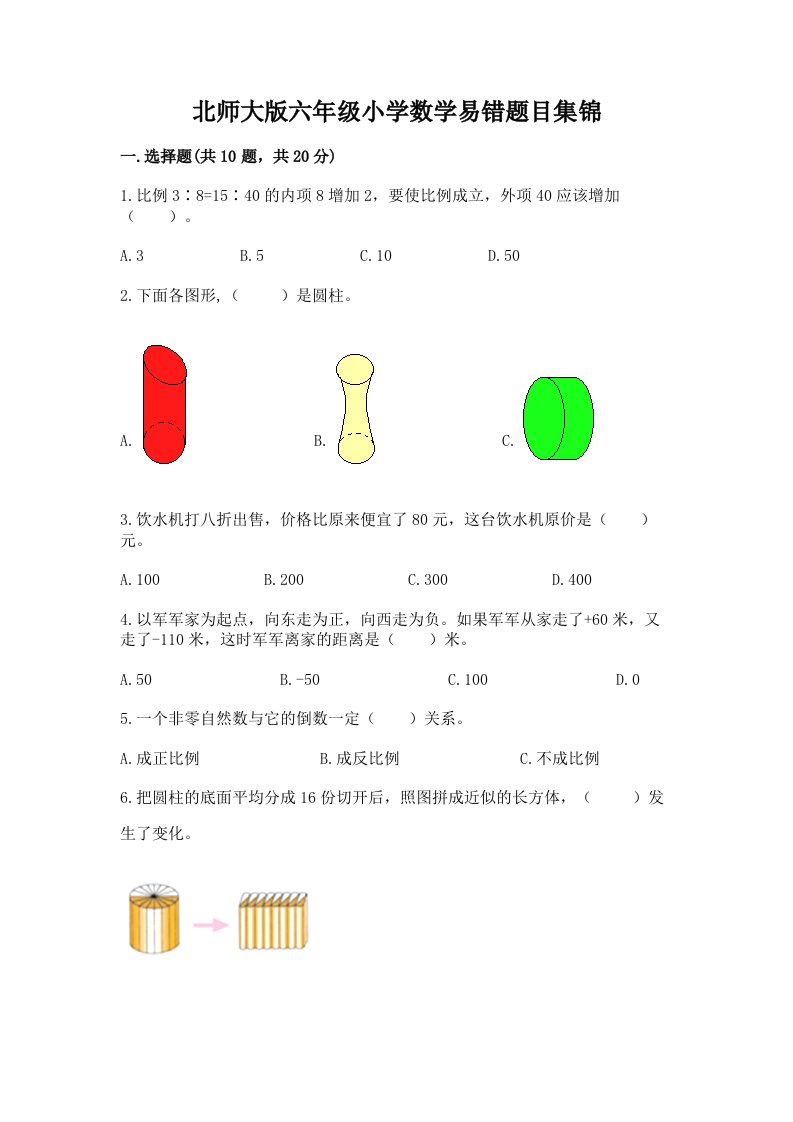 北师大版六年级小学数学易错题目集锦（名师系列）