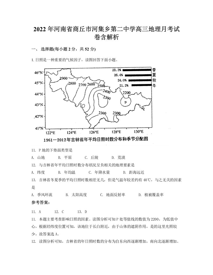 2022年河南省商丘市河集乡第二中学高三地理月考试卷含解析