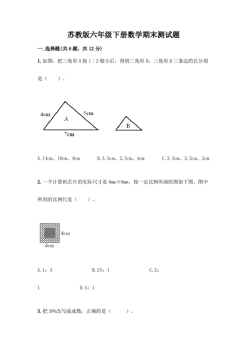 苏教版六年级下册数学期末测试题(B卷)word版