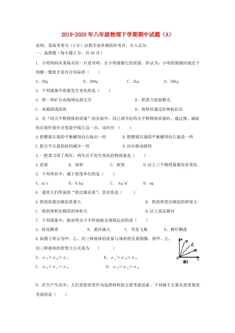 2019-2020年八年级物理下学期期中试题（A）