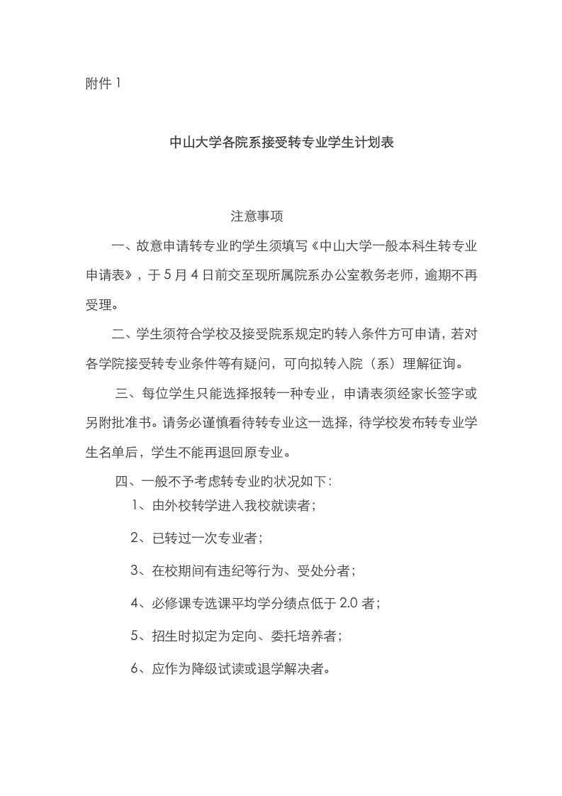 中山大学各院系接收转专业学生计划表