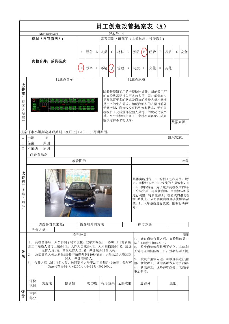 员工创意改善提案表(案例)