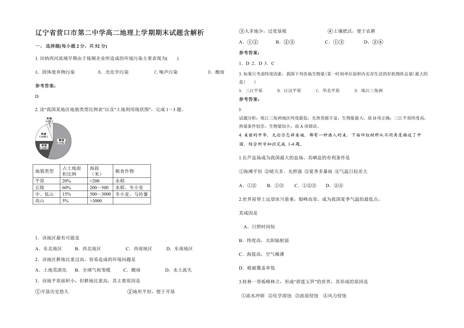 辽宁省营口市第二中学高二地理上学期期末试题含解析