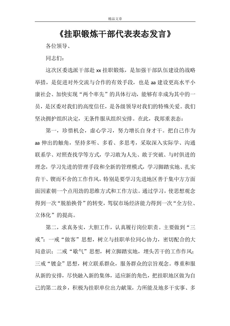 《挂职锻炼干部代表表态发言》