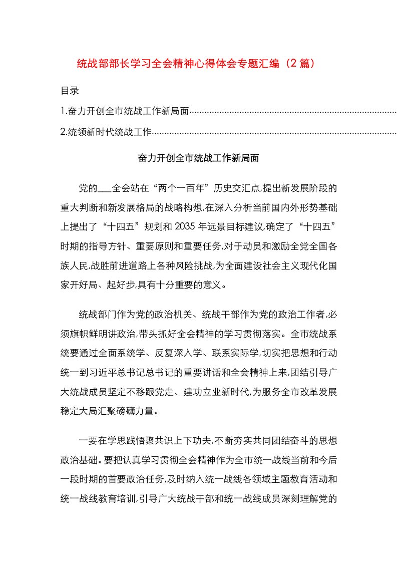 统战部部长学习全会精神心得体会专题汇编（2篇）